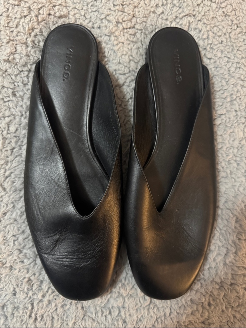 Vince Black Leather V-Cut Slip-On Mules